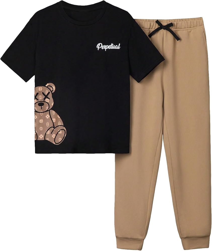 OYOANGLE Boy's 2 Piece Outfits Pants Set Clothes Set Graphic Short Sleeve T Shirt and Sweatpants Set