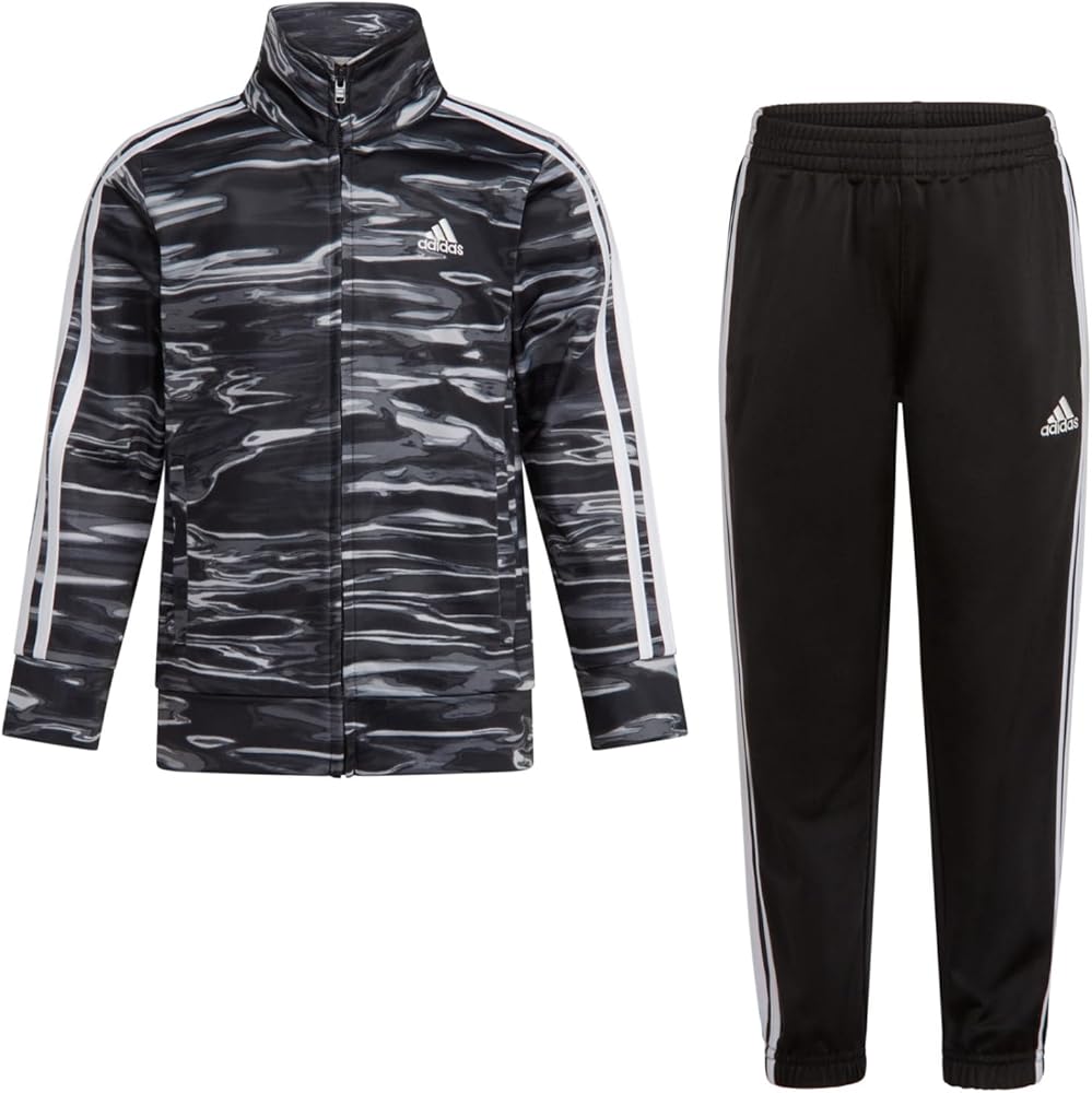 adidas Boys' Little Tricot Jacket & Pant Clothing Set, Printed Black White, 3T