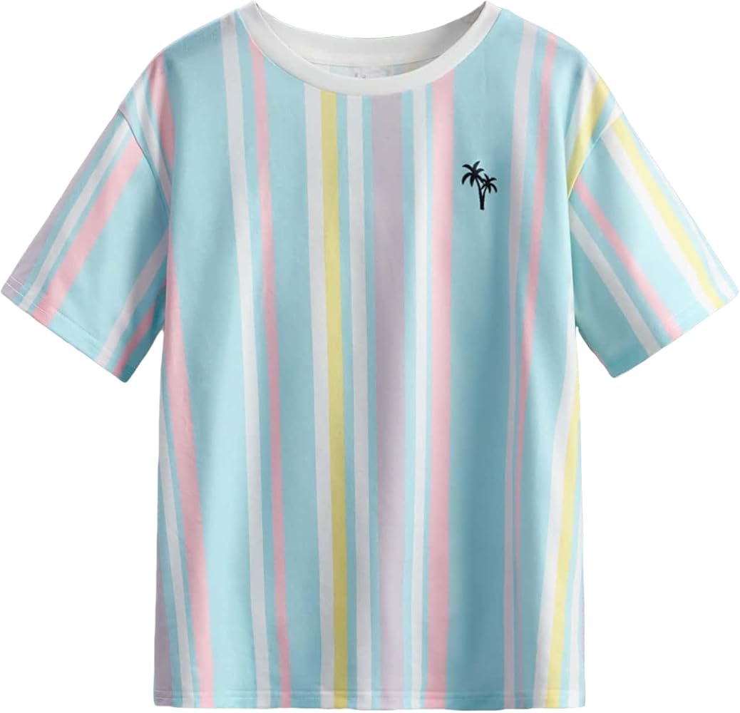 Verdusa Boy's Casual Neck Short Sleeve Top Striped Tree Print Drop Shoulder Tee Multicolor 11-12Y