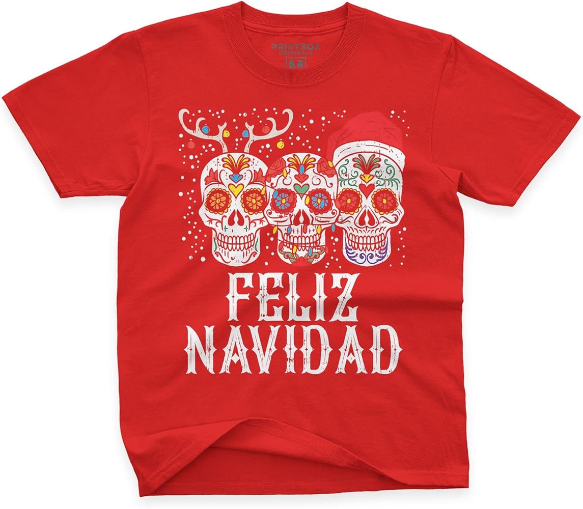 Feliz Navidad Sugar Skulls Funny Christmas Shirt for Kids, Mexico Boys Girls Christmas T Shirts Top Tee