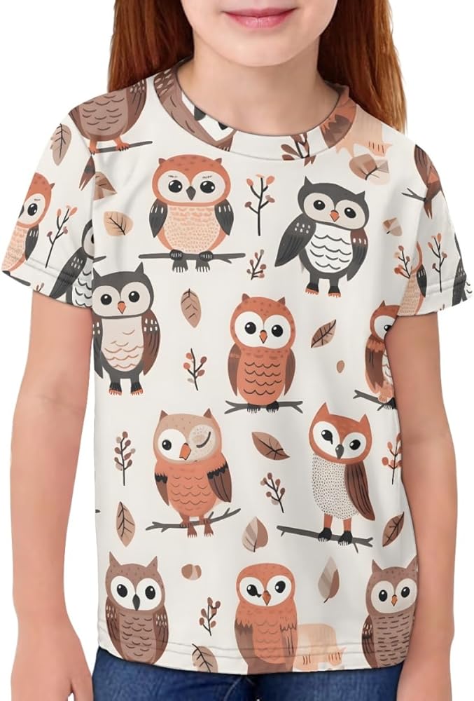 GLUDEAR Kids Tops Tees Girl Boy Novelty 3D Graphic O-Neck Short Sleeve Casual Pullover Blouse T-Shirt,Cartoon Owl,11-12