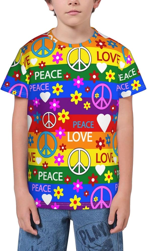 Heart Peace Flower Hippie Teen Boys Short Sleeve Crew Neck T-Shirt Casual Tee Tops for Youth Kids