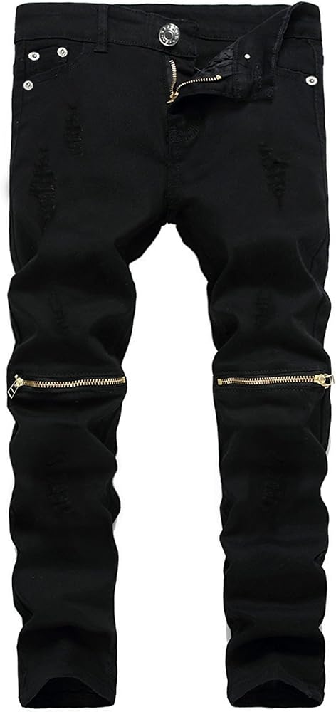 Big Boy's Casual Skinny Ripped Jeans Slim Fit Distressed Zipper Pants with Holes