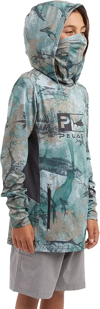 PELAGIC Youth Exo-Tech Hooded Fishing Shirt, Long Sleeve, UPF 50+ Protection, Integrated Face Mask