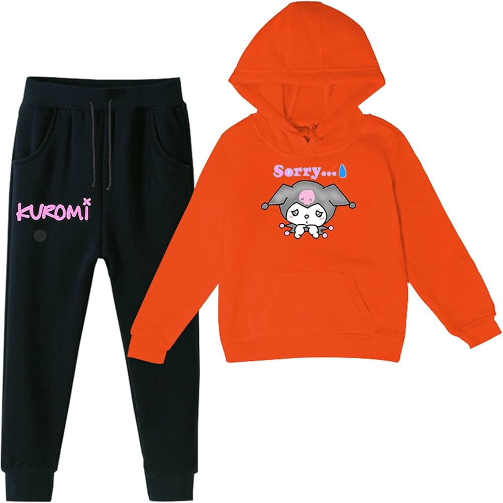 Kids Casual Hooded Kuromi Tracksuits Fleece Lined Sweatshirts+Jogging Pants Sets Clothes Outfits for Age 1-14 Years