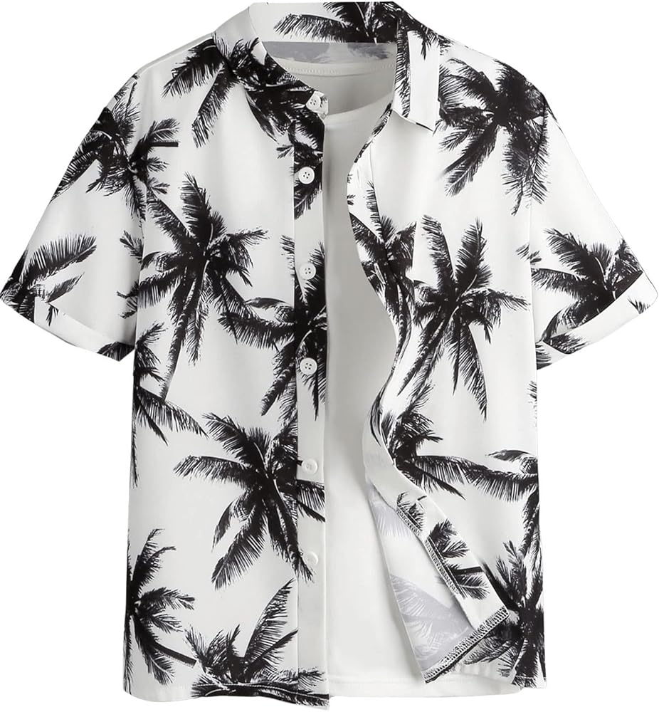 SweatyRocks Boy's Tropical Graphic Print Short Sleeve Button Down Shirt Casual Hawaiian Shirts