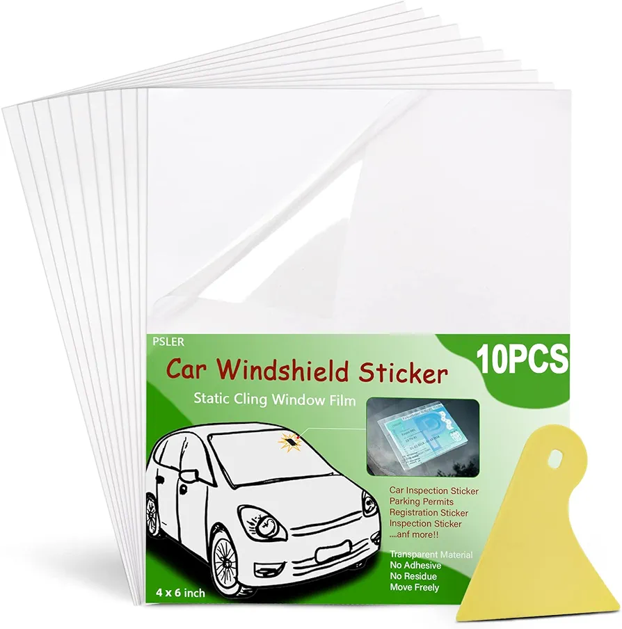 PSLER Car Windshield Sticker, Windshield Applicator, Clear Window Cling Car Inspection Sticker Holder Static Cling Window Film for Cars 10PCS 4 x 6 inch Static Cling Vinyl for Pass Holder