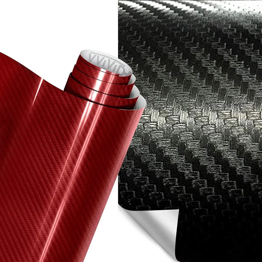 VViViD Full Vinyl Car Wrap Bundle Black Carbon Fiber (50ft x 5ft) + Epoxy Gloss Carbon Fiber Demon Red (6ft x 5ft) - M0