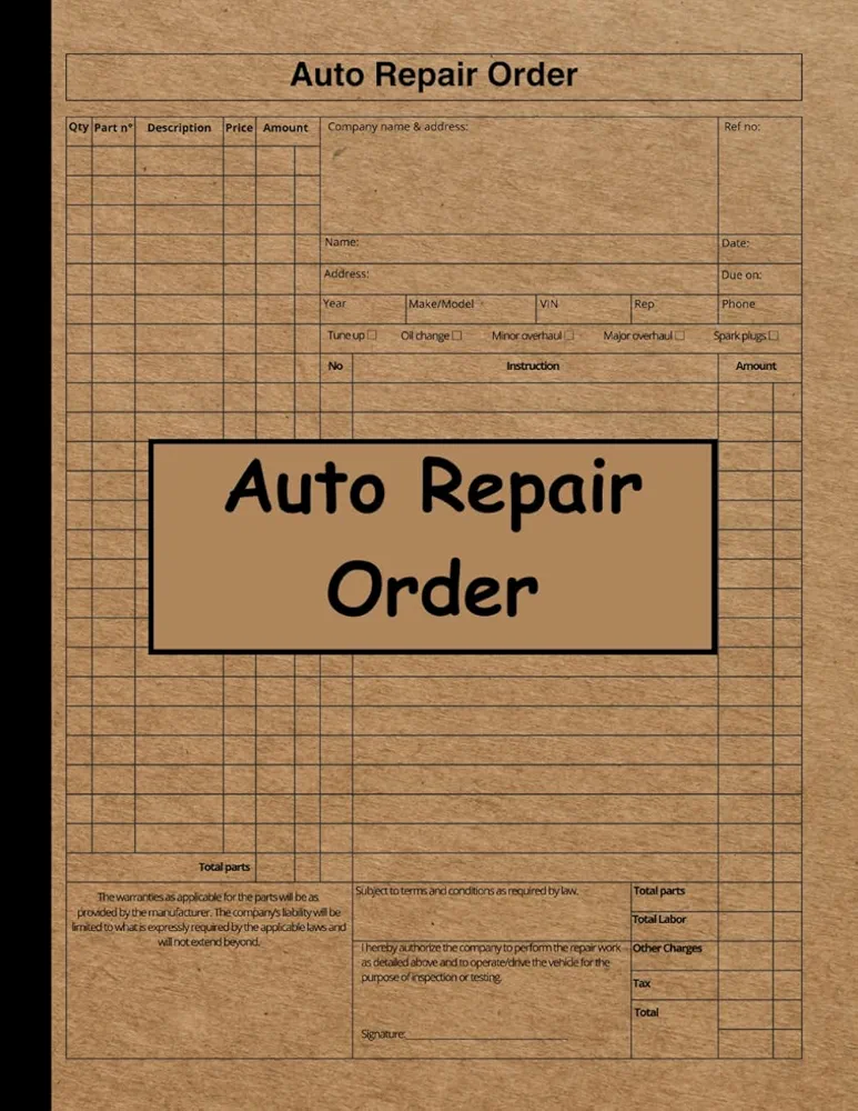 Auto Repair Order: Form For Garage or Auto Mechanic,Track Parts and Materials, as well as Labor,For a Customer's Vehicle.