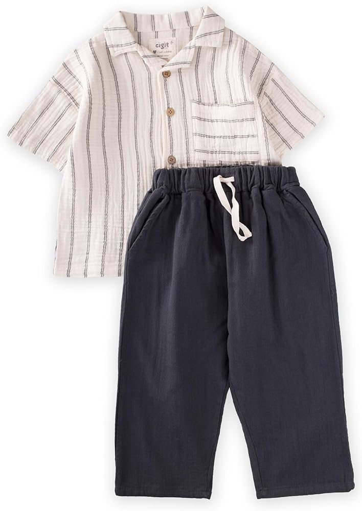 Muslin Boys Sets With Shirt and Pants, 100% Cotton Summer 2 Pieces, Pocket Shirt and Drawstring Pants Set