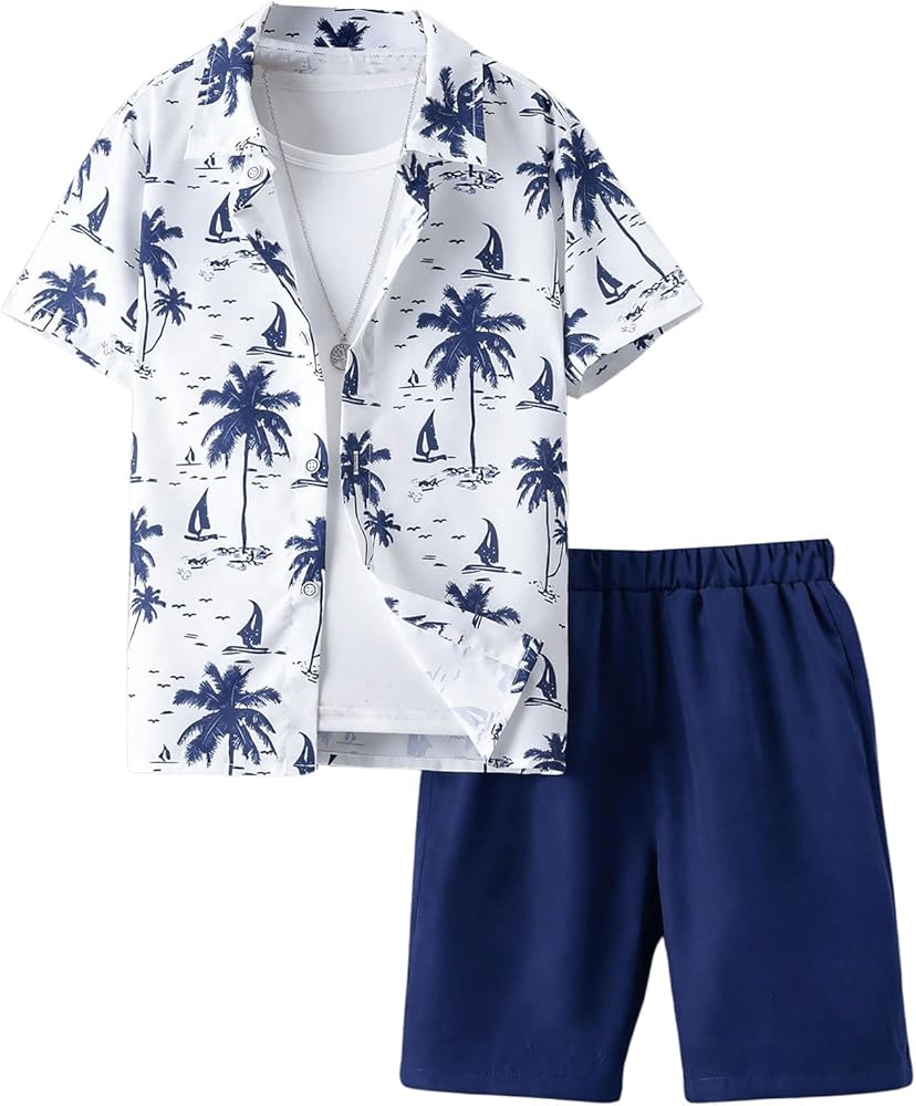 Floerns Boy's Two Piece Vacation Outfits Button Down Shirt and Shorts Set