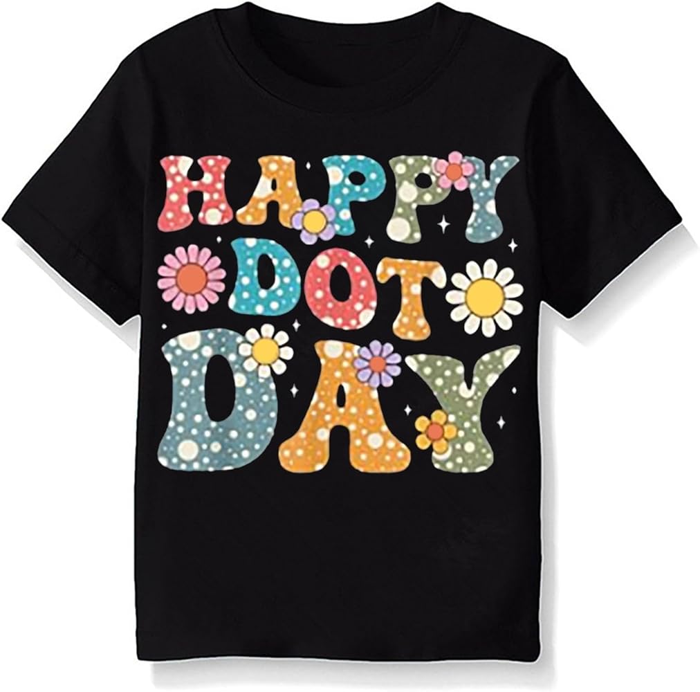 Kids Boys Happy Dot Day Hippie Flowers Soft T-Shirt Toddler Boys Round Neck Short Sleeve Summer Black T-Shirt