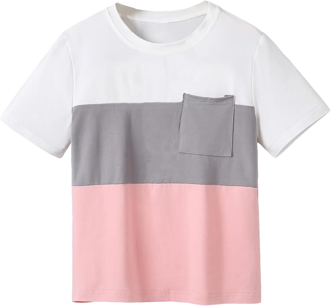 COZYEASE Boy's Short Sleeve Crewneck T Shirt Colorblock Pocket Front Tee Shirt Summer Basic Tops Multicolor 8Y