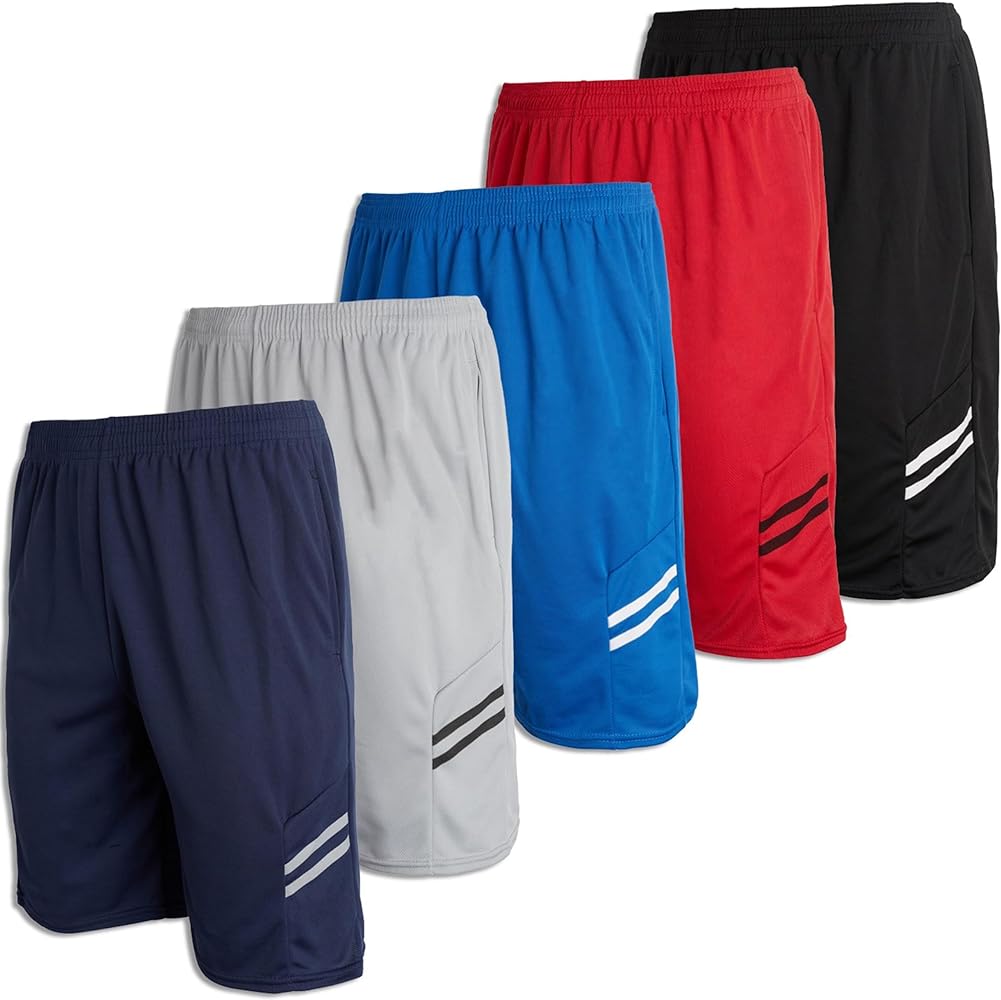 Real Essentials Boys' 5-Pack Mesh Active Athletic Performance Basketball Shorts with Pockets