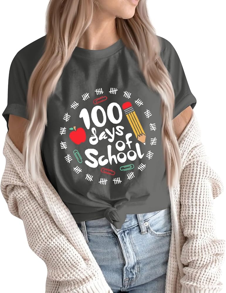 100 Days of School Shirt,T Shirts Women Graphic Short Sleeve Summer Tops Loose Casual Teacher Tees Teacher Gift Top