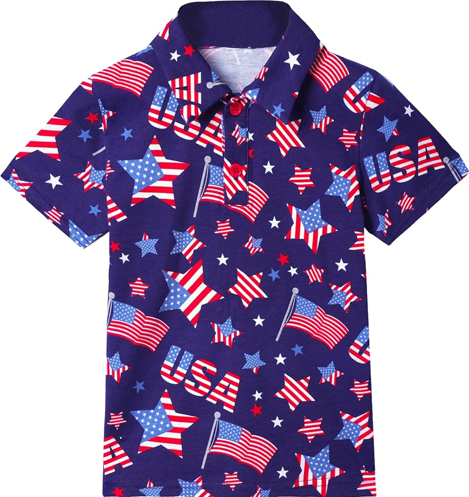 Boys and Toddlers' 4th of July Cotton Polo Shirt Kids' American Flag Short Sleeve Top 2T-L