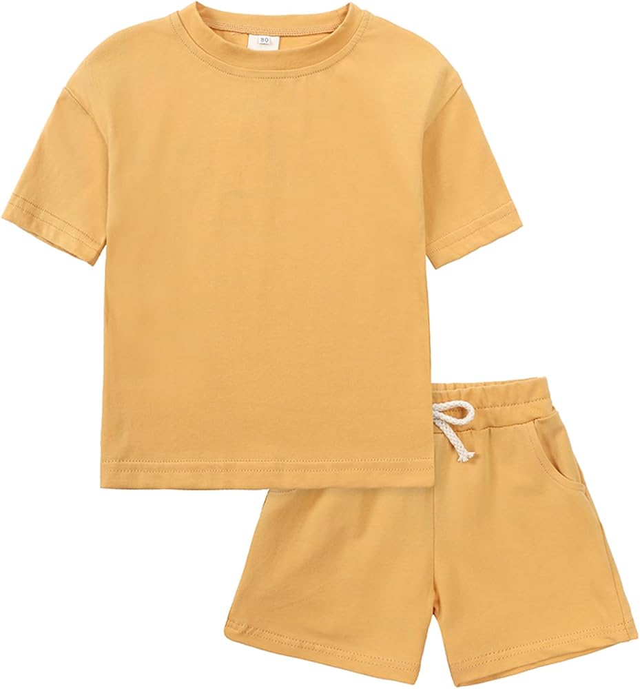 KISBINI Toddler Kids Plain Short Sleeve T-Shirt and Shorts Set Unisex Cotton Summer Outfit Clothes for Little Boys or Girls