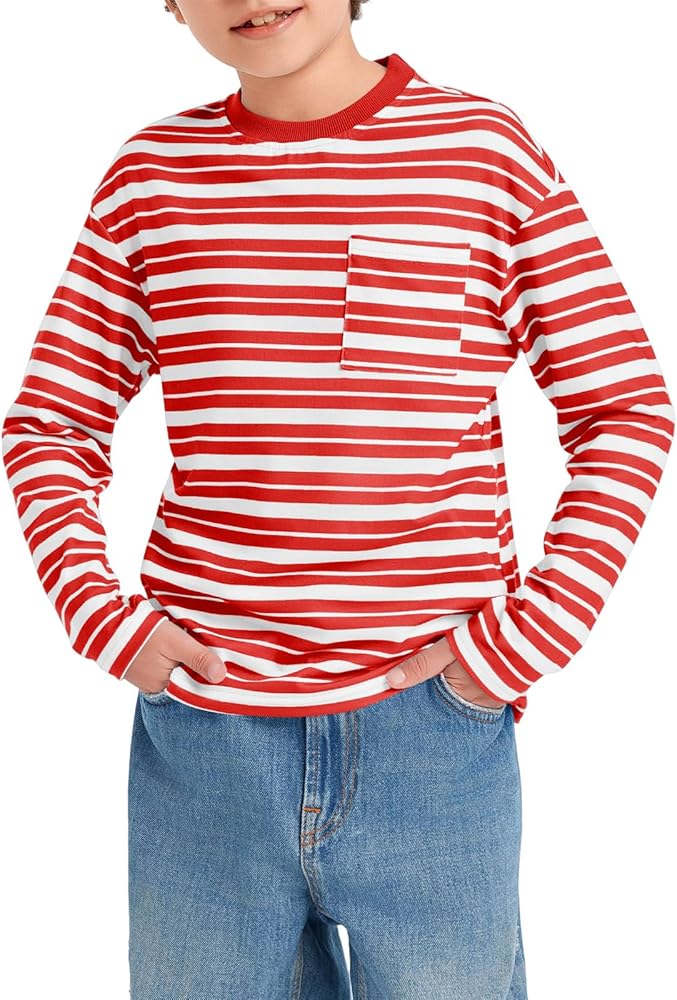 Haloumoning Boys Striped Shirts Kids Long Sleeve Crewneck Pullover Tops Soft Basic Tees with Pockets 5-14 Years