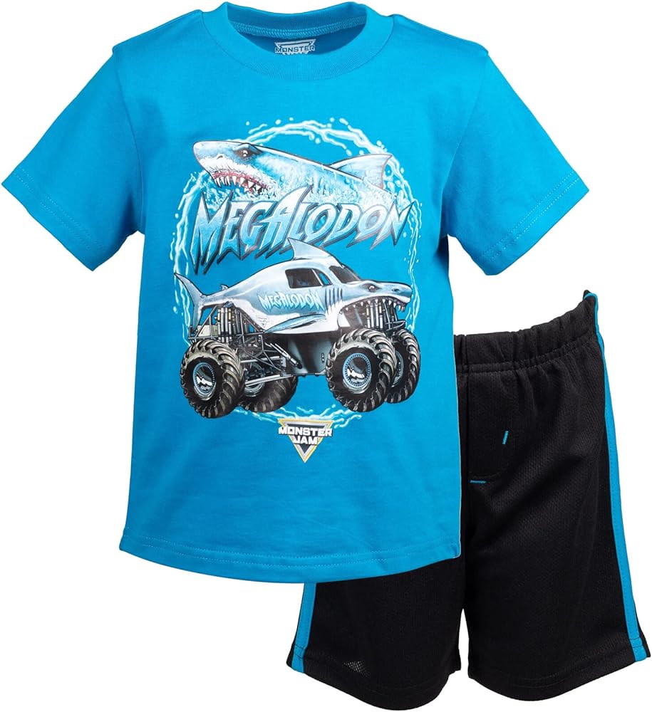 Monster Jam T-Shirt and Mesh Shorts Outfit Set Toddler to Big Kid Grave Digger El Toro Loco Megalodon