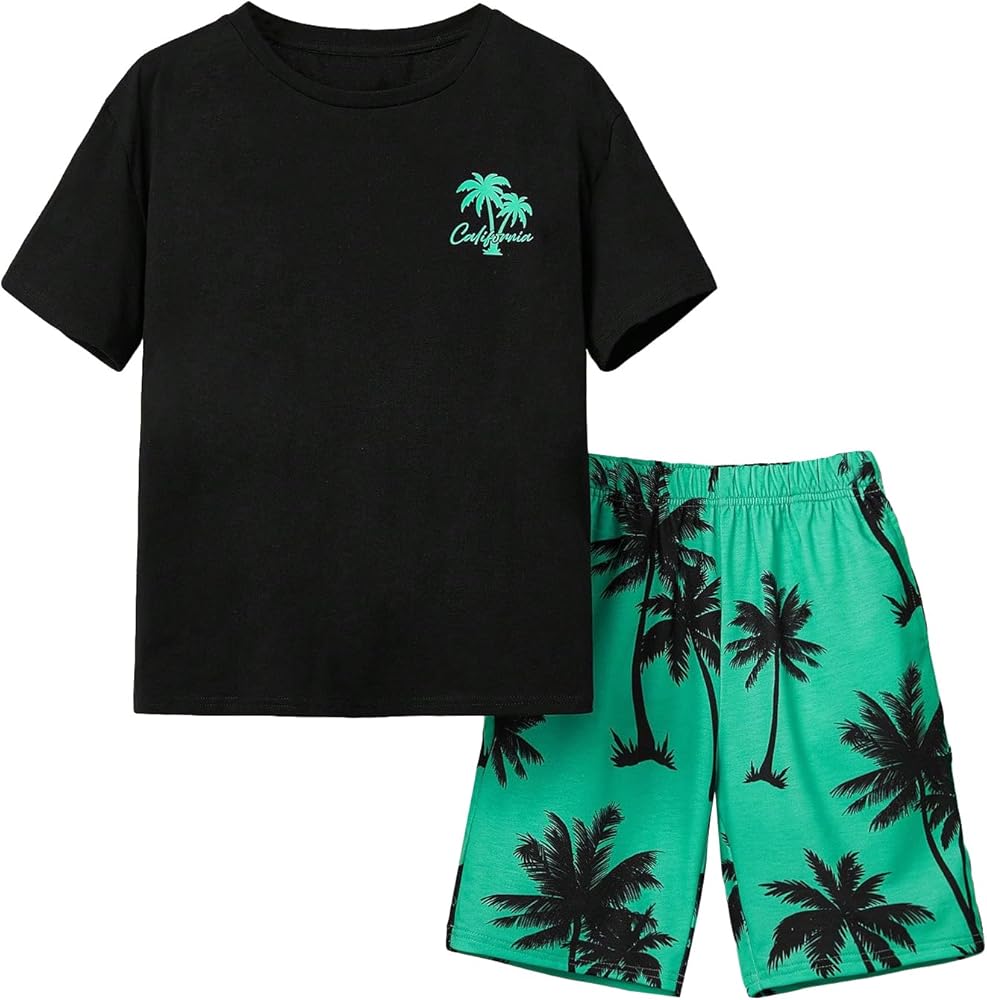 Verdusa Boy's 2 Piece Set Tropical Print Summer Beach Set Short Sleeve Tee Top with Elastic Waist Short Sets