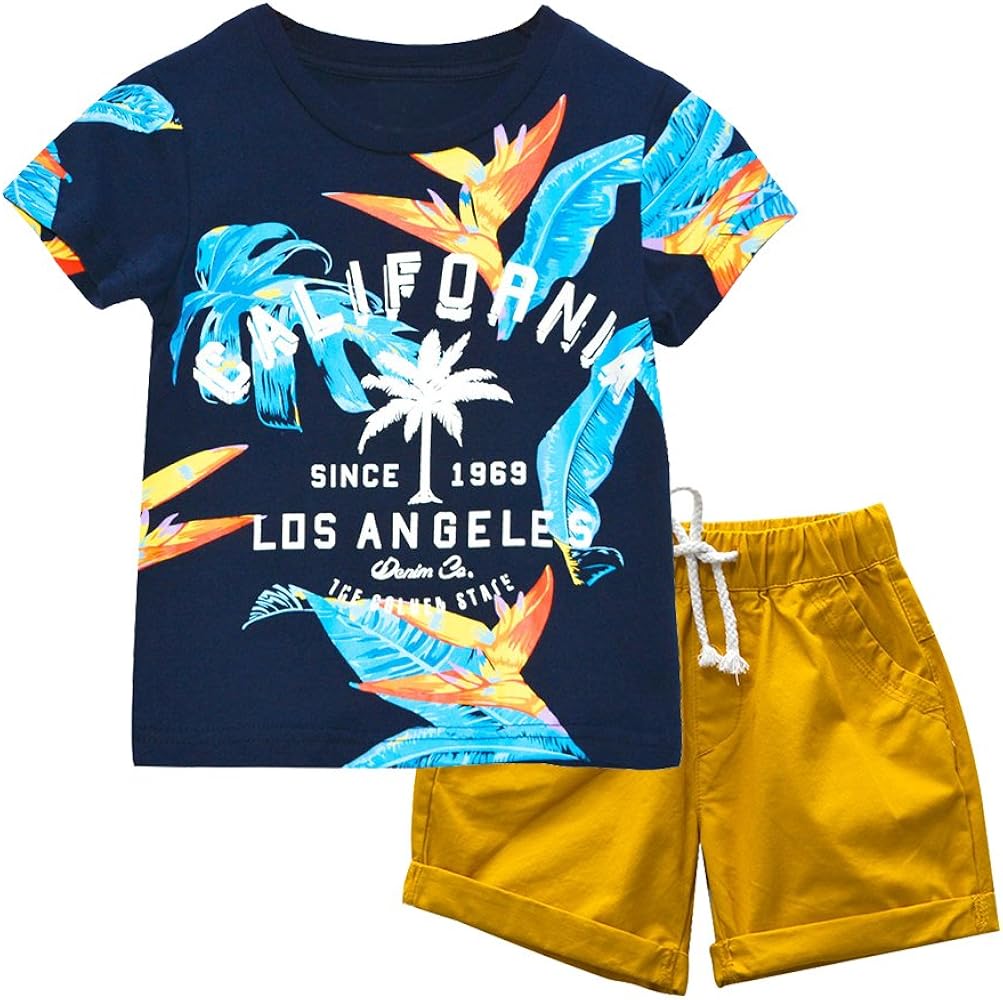 KISBINI Toddler Boys Summer Clothes Set Hawaiian Cotton T-Shirt and Shorts Set Dinosaur Sharks Clothing Set