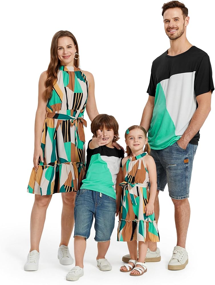 PATPAT Family Matching Outfits Mommy and Me Halter Belted Sun Dresses Multicolor