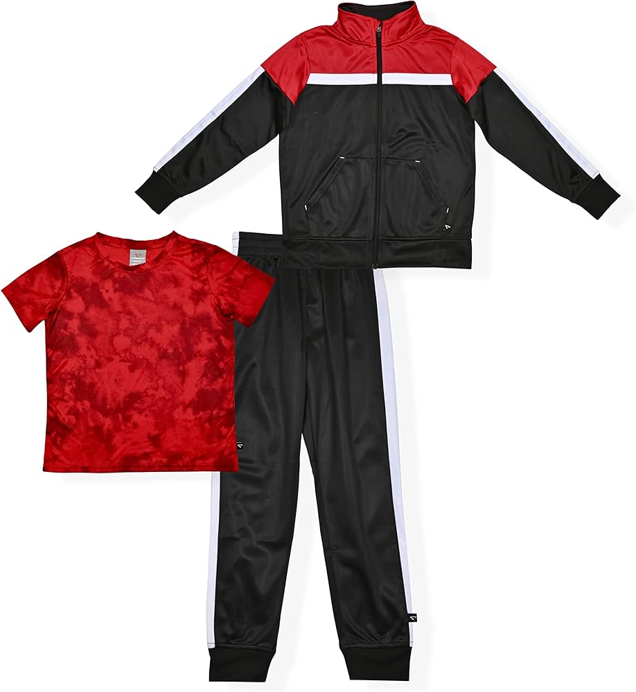 Cheetah Boy's 3-Pack Zip Up Track Jacket, Tie Dye Shirt and Jogging Pants Set, Performance Kids Tracksuit for Sports, Running - Red/Black, 8