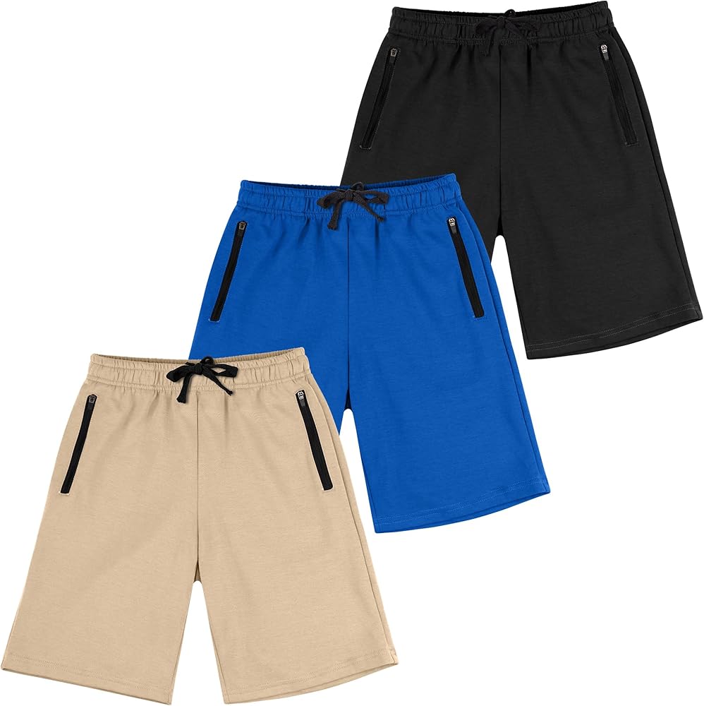 BIG ELEPHANT Kids Casual Shorts with Zipper Pockets and Drawsting, Youth Boys Athletic Shorts for Running Playing