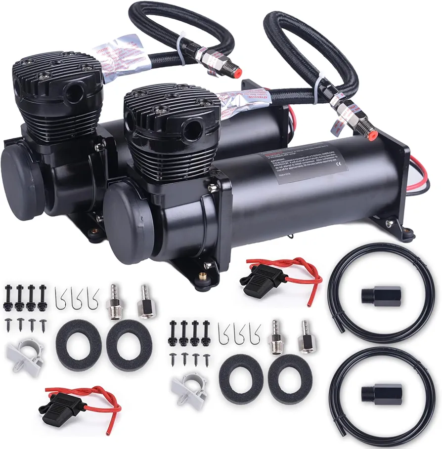 2PCS 200PSI 1/4NPT Heavy Duty Air Train Horn/Air Ride Suspension Compressor 12V with 3/8NPT Replacement Fittings Pneumatic Suspension Compressor Black for Car Horns