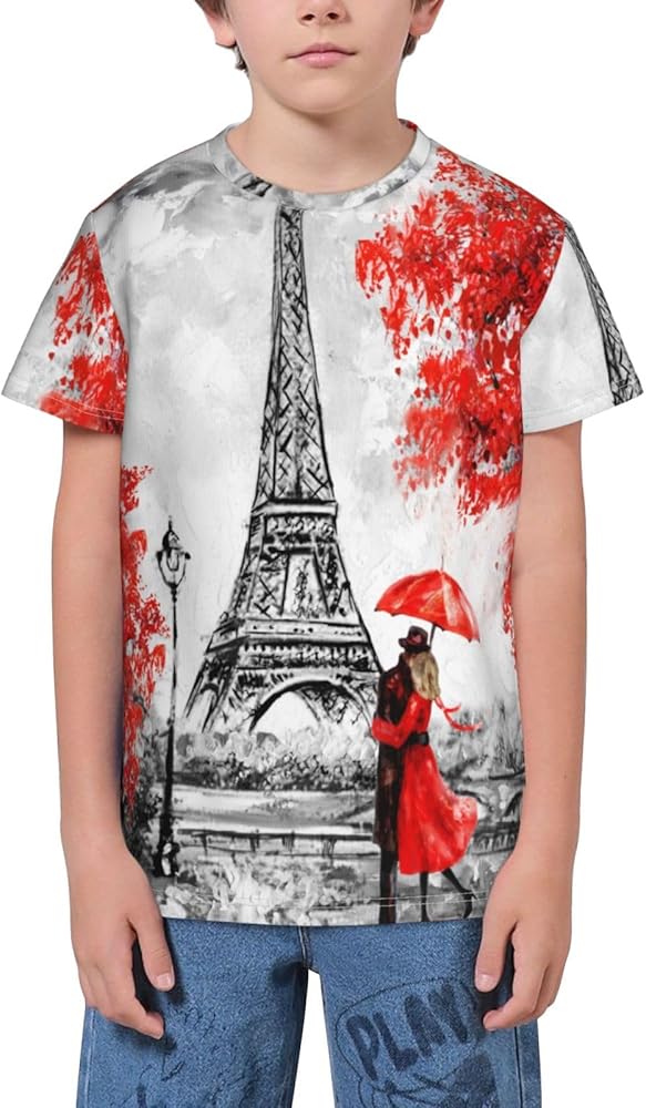 Paris Eiffel Tower Red Tree Teen Boys Short Sleeve Crew Neck T-Shirt Casual Tee Tops for Youth Kids