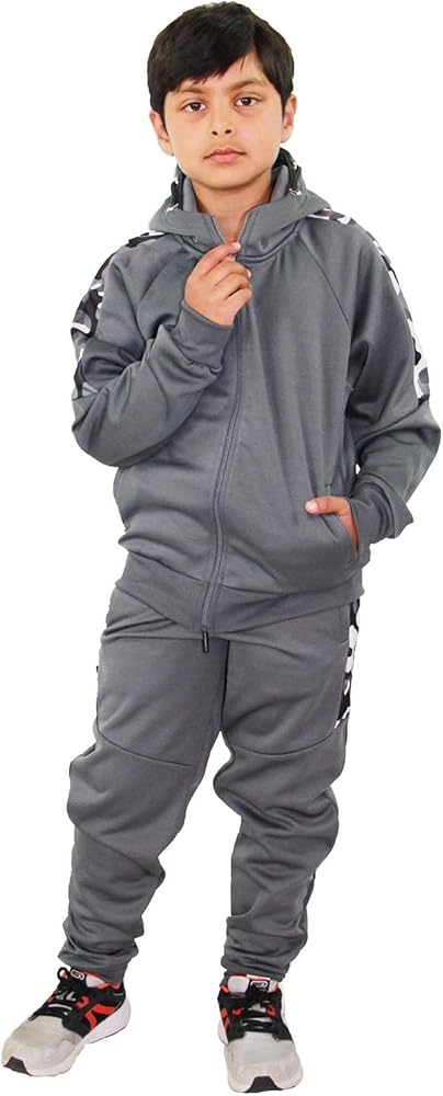 Kids Boys Girls Tracksuit Camouflage Panelled Grey Hooded Top Bottom Joggingsuit