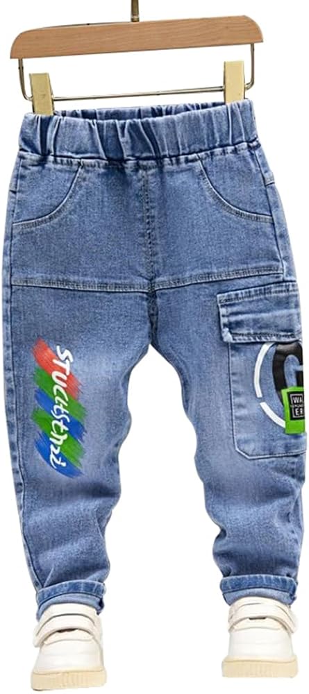 Baby Toddler Elastic Waist Cute Printed Fashion Jeans Little Boys'Stretch Jogger Denim Pants Clothes