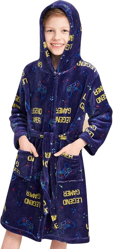 Doctor Unicorn Boys Soft Hooded Bathrobe Kids Warm Gamer Fleece Robe Sleepwear