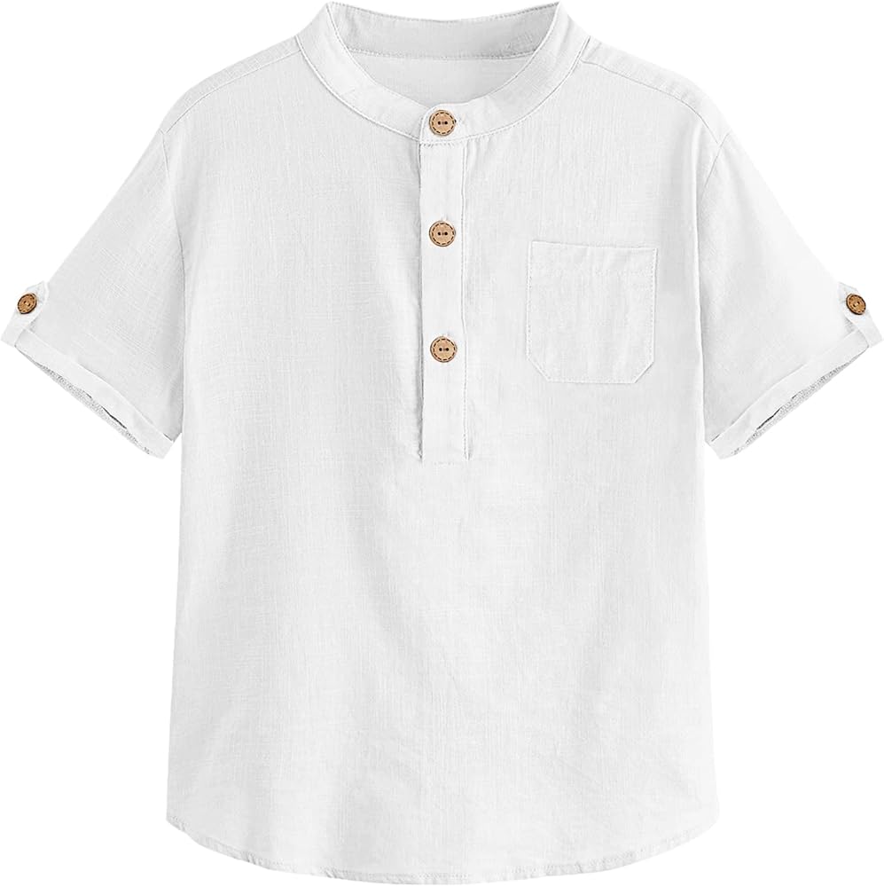 Boys Short Sleeve Henley Shirt Button Up Linen Cotton Dress Shirts Tees Tops with One Pocket