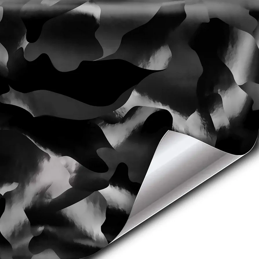 VViViD+ 2020 Edition Black Stealth Large Sized Pattern Camouflage Vinyl Car Wrap Roll (1ft x 5ft) Self Adhesive Film Air Release Technology, Scratch Resistance, Protective Liner, Bubble-Free