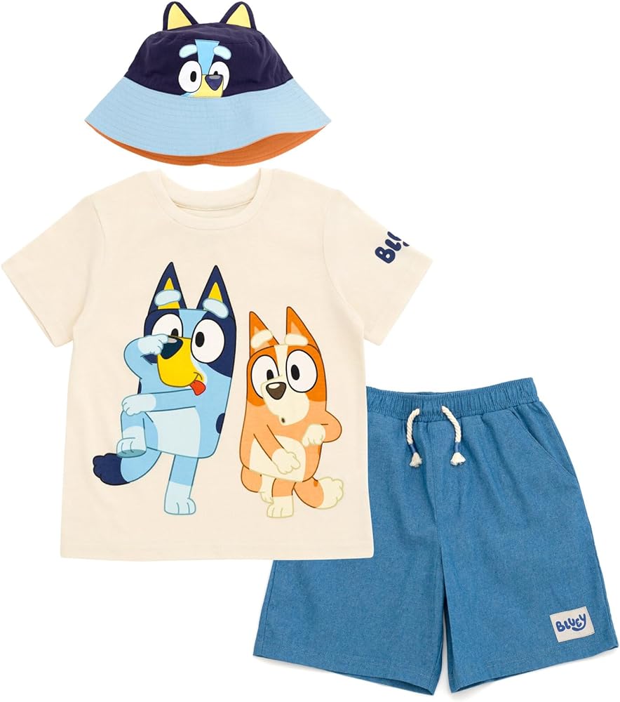 Bluey T-Shirt Chambray Shorts and Twill Bucket Sun Hat 3 Piece Outfit Set Toddler to Big Kid