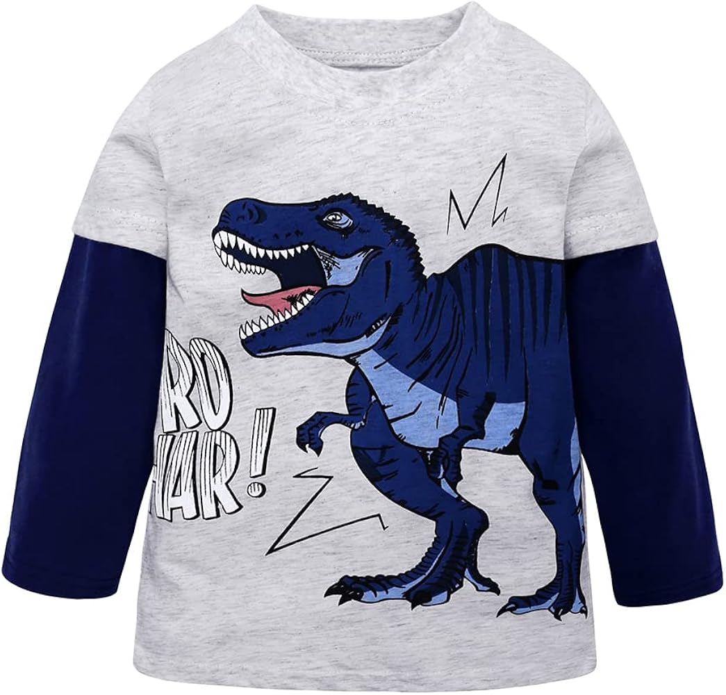 Boys Girls Dinosaur T-Shirt Pullover Long Sleeve Crewneck Tops Kids Cotton Patchwork Tee Size 2-7