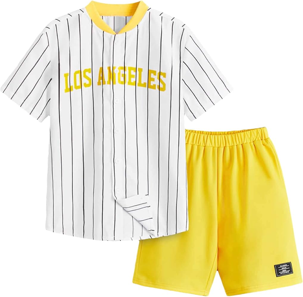 SHENHE Boy's 2 Piece Outfits Striped Button Down Short Sleeve Shirt and Shorts Set Yellow 11-12Y