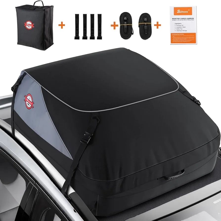 Sailnovo Rooftop Cargo Carrier Bag & Car Top Carrier – Waterproof 15 Cubic Feet Heavy Duty Roof Cargo Bag, Fits Cars with/Without Luggage Rack Includes 4 Door Hooks, Reinforced Strap