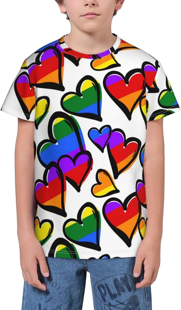 Gay Pride Rainbow Colored Hearts Teen Boys Short Sleeve Crew Neck T-Shirt Casual Tee Tops for Youth Kids