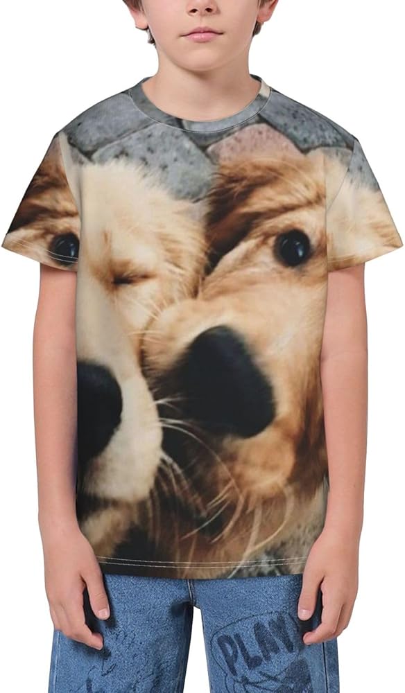 Golden Retriever Puppies Teen Boys Short Sleeve Crew Neck T-Shirt Casual Tee Tops for Youth Kids