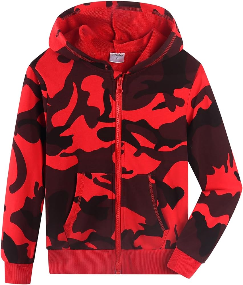 Spring&Gege Boys Camo Print Hoodies Soft Full Zipper Hooded Sweatshirt