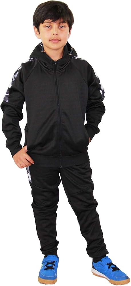 Kids Boys Girls Tracksuit Camouflage Panelled Black Hooded Top & Bottom Joggers