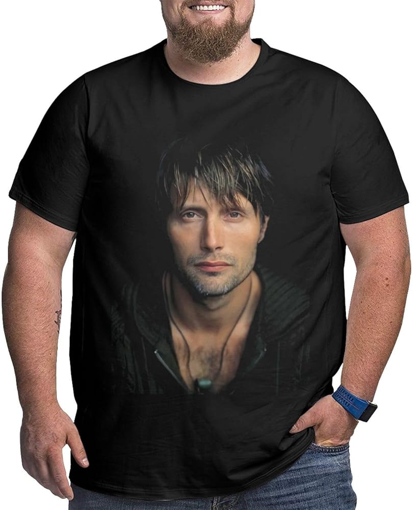 Mads Mikkelsen Plus-Size t Shirt Mens Fashion Loose Fit Round Neckline Short Sleeve Big and Tall Cotton Top Tees