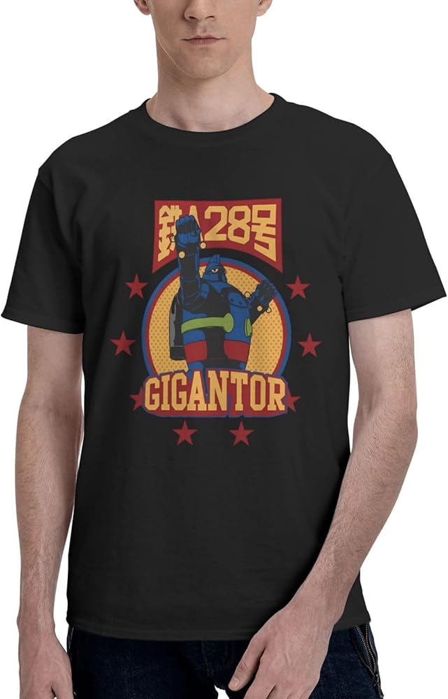 Anime T Shirts Gigantor Man's Summer Cotton Tee Crew Neck Short Sleeve T-Shirt Black