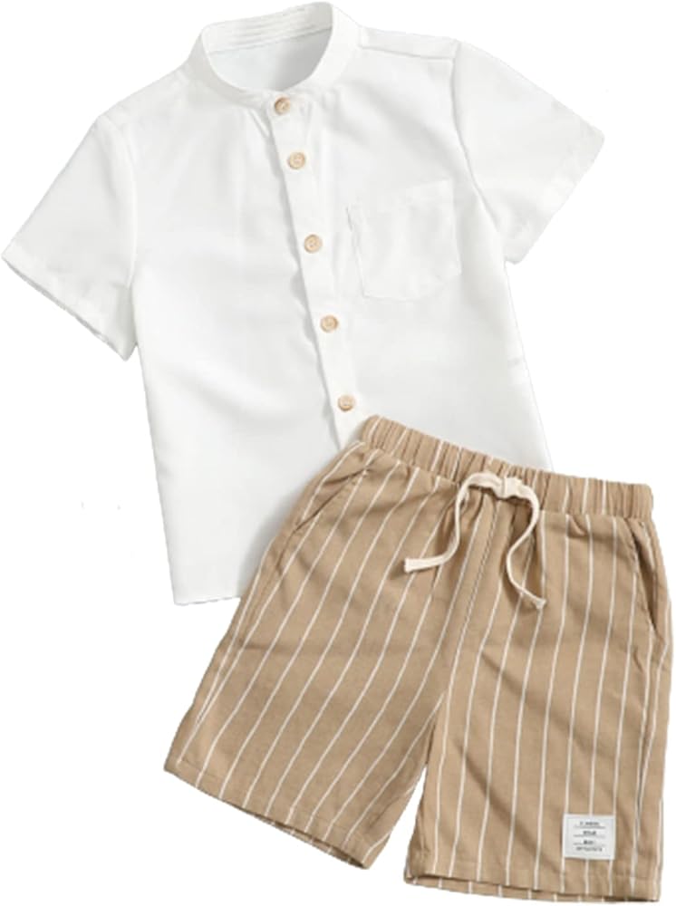 Verdusa Toddler Boy's 2 Piece Outfit Button Down Shirt and Striped Short Sets