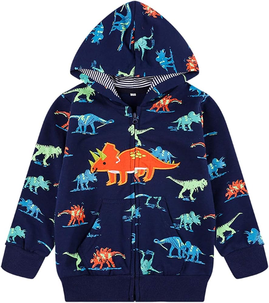 Popshion Boys Toddler Cartoon Dinosaur Hoodies Jacket Cool Long Sleeve Zipper Hooded Sport Sweatshirt Coat for Kids 1-7 Years