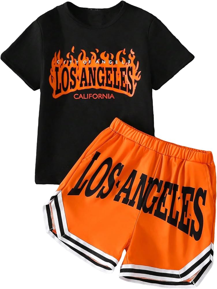 Floerns Boy's 2 Piece Outfit Letter Print Tee Shirt and Track Shorts Set