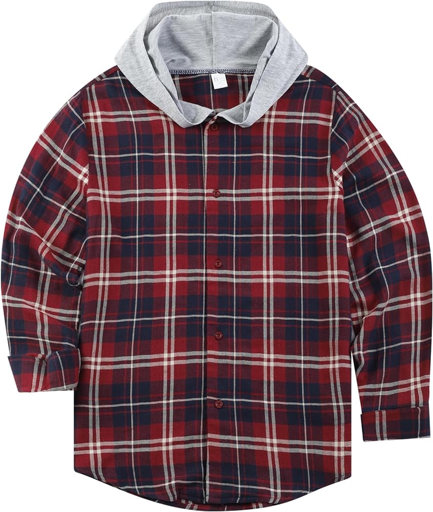 Unisex Kids Flannel Plaid Shirts Boy Girl Button Down Long Sleeve Shirt with Hood 5-12Years