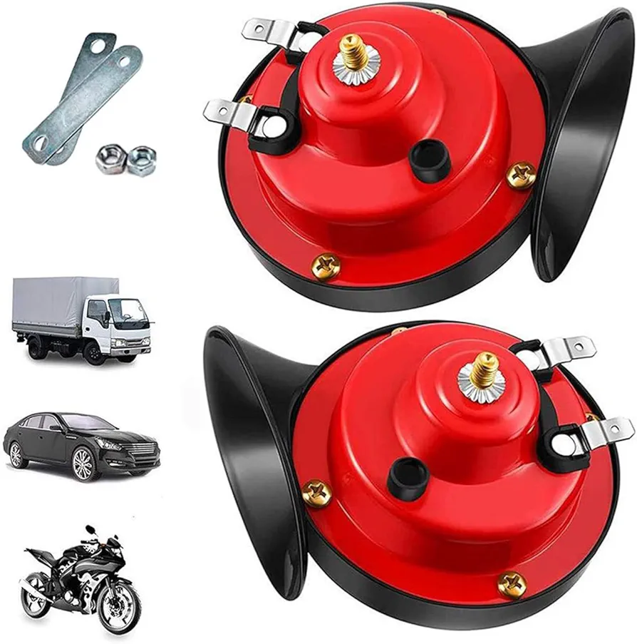 Car Horn Electric Snail Horn - 2PCS 300DB Super Loud Train Horns High Tone/Low Tone Twin Horn Kit,for Any 12V Vehicles Cars Motorcycle Trucks Boats Lorrys (Red)